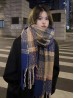 Plaid Patterned Blanket Scarf with Long Fringe